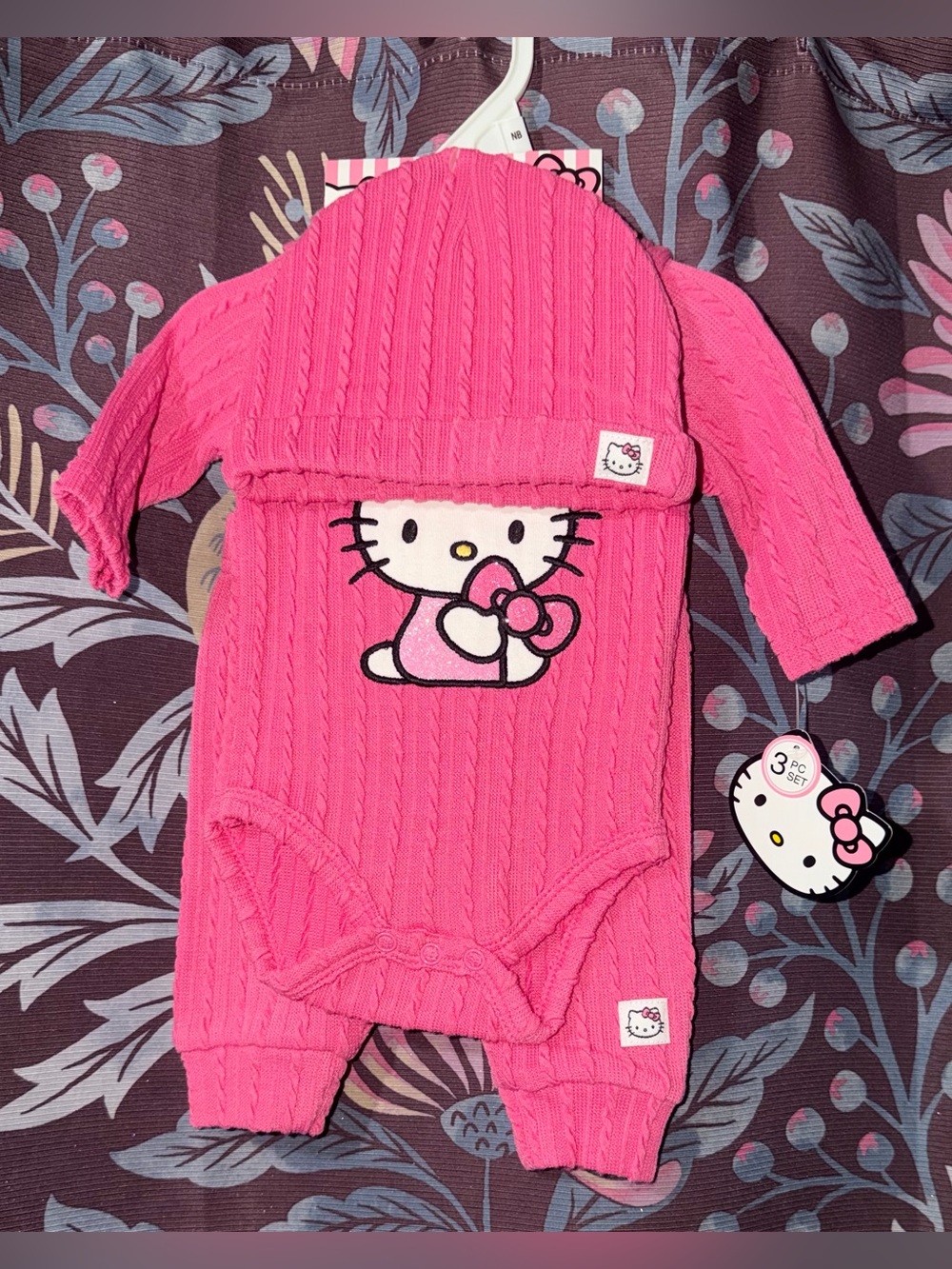 Hello Kitty Bright Pink Cable Knit Infant 3 Piece Set